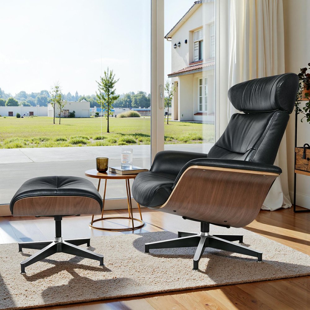 33" Black Top-Grain Leather Swivel Lounge Chair with Ottoman
