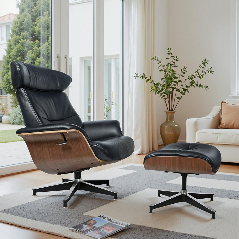 33" Black Top-Grain Leather Swivel Lounge Chair with Ottoman