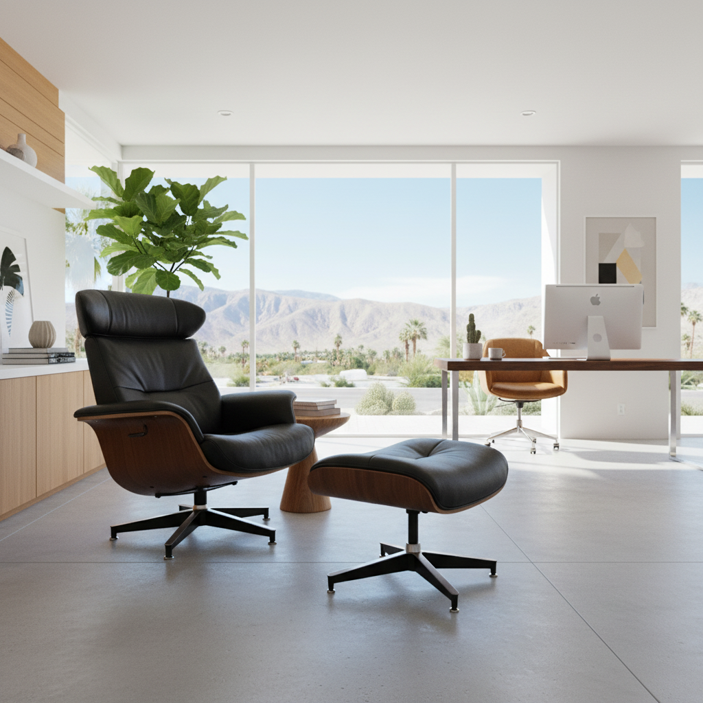 33" Black Top-Grain Leather Swivel Lounge Chair with Ottoman