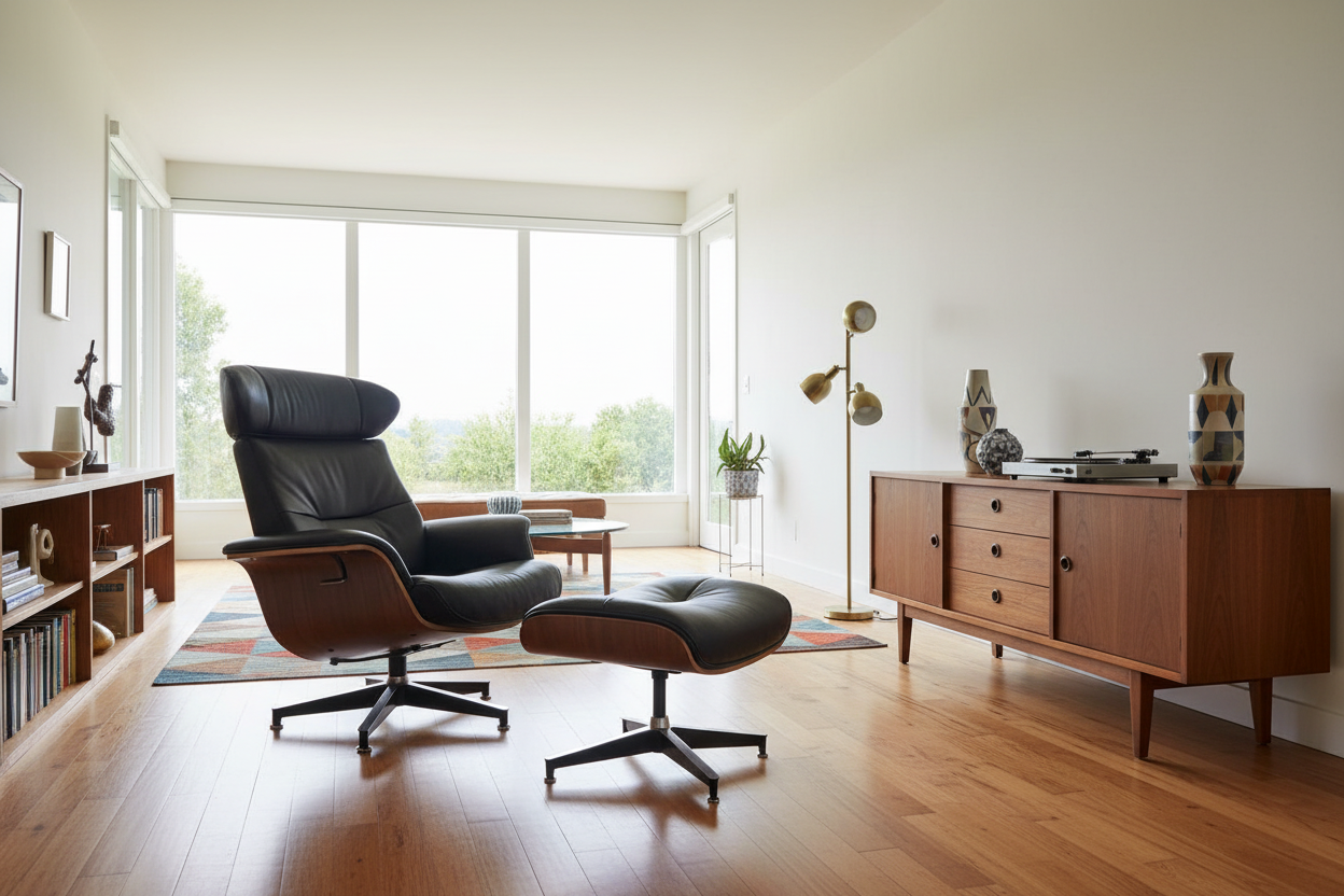 33" Black Top-Grain Leather Swivel Lounge Chair with Ottoman