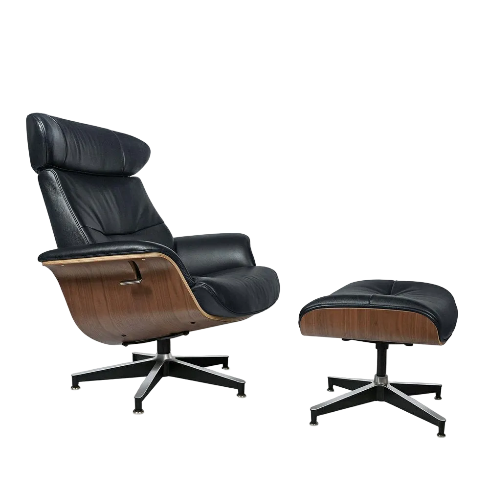 33" Black Top-Grain Leather Swivel Lounge Chair with Ottoman