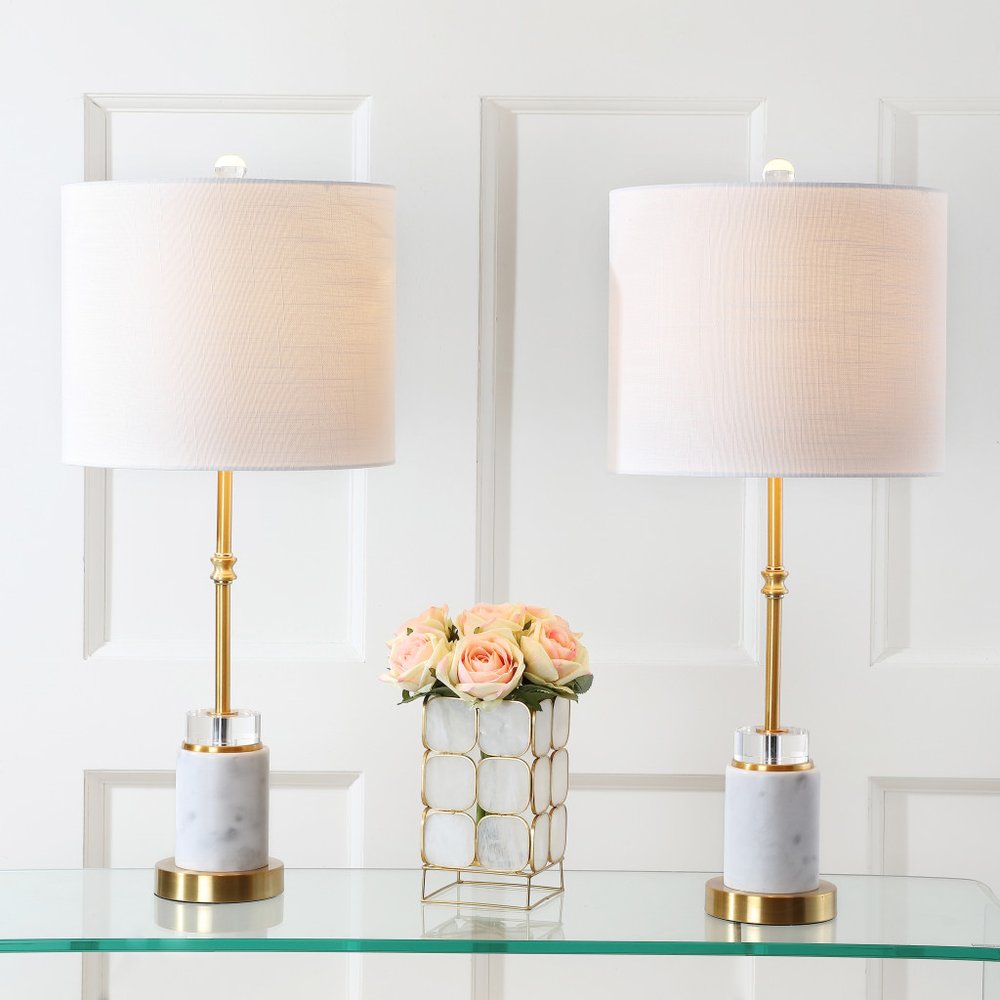 Set of Two 27" White and Brass Table Lamps with Drum Shades