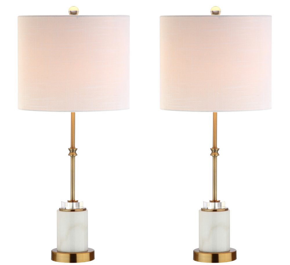 Set of Two 27" White and Brass Table Lamps with Drum Shades