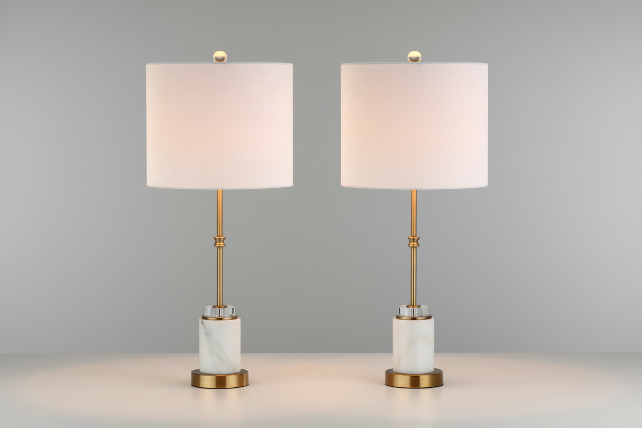 Set of Two 27" White and Brass Table Lamps with Drum Shades