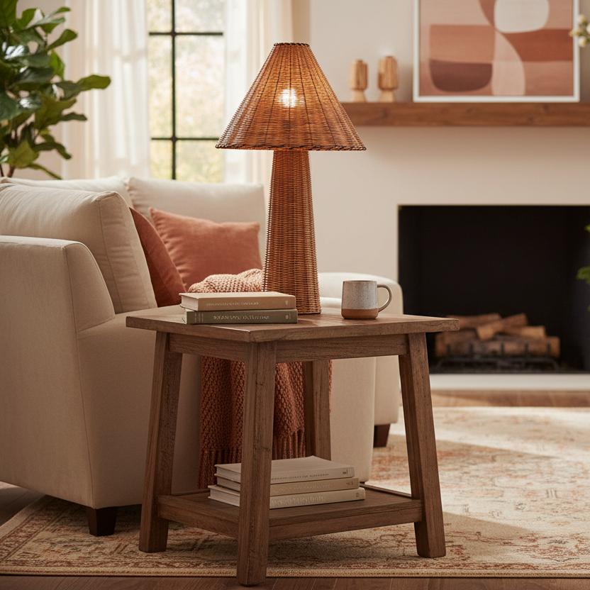 27" Brown Rattan Table Lamp with Empire Shade