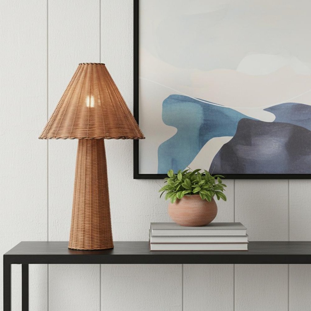 27" Brown Rattan Table Lamp with Empire Shade