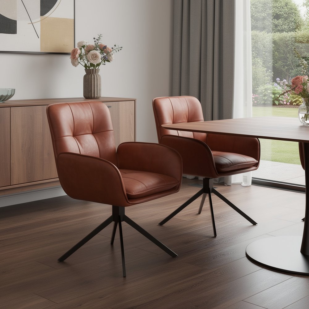 26" Brown Faux Leather Modern Swivel Dining Chair