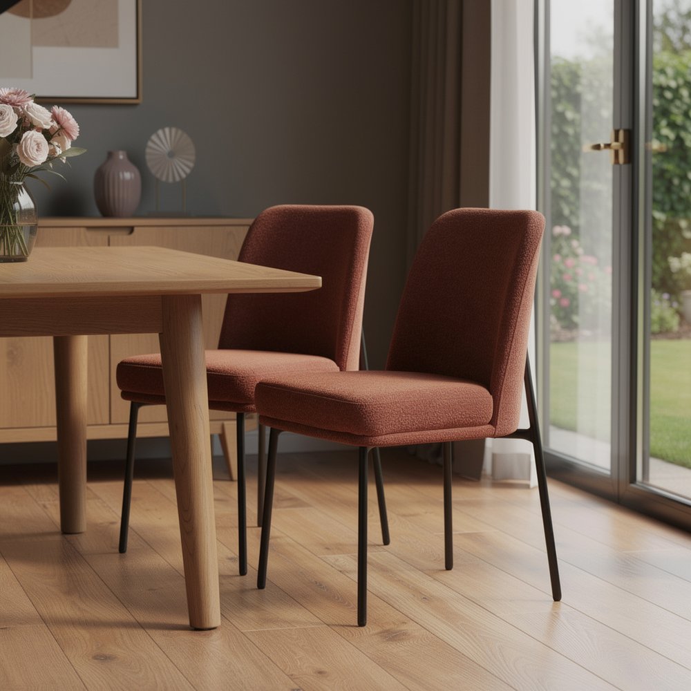 Set of Two 19" Burnt Orange Boucle Contemporary Dining Chair