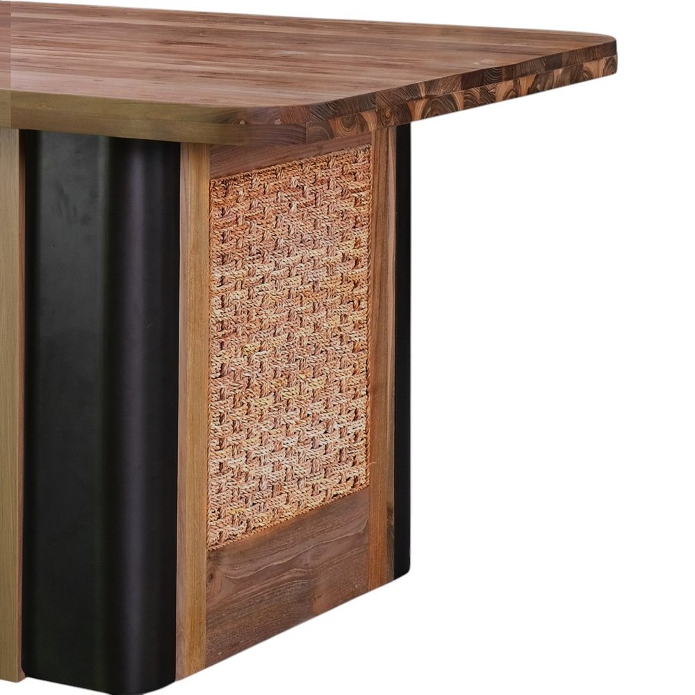 71" Brown and Black Natural Wood and Rattan Dining Table