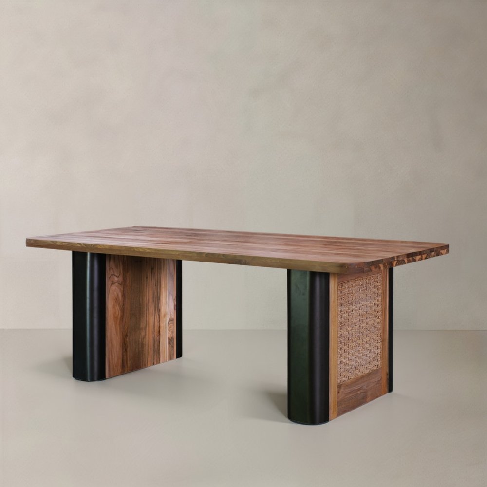 71" Brown and Black Natural Wood and Rattan Dining Table