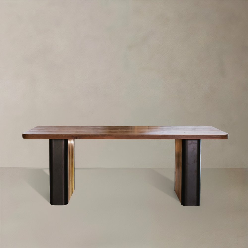 71" Brown and Black Natural Wood and Rattan Dining Table