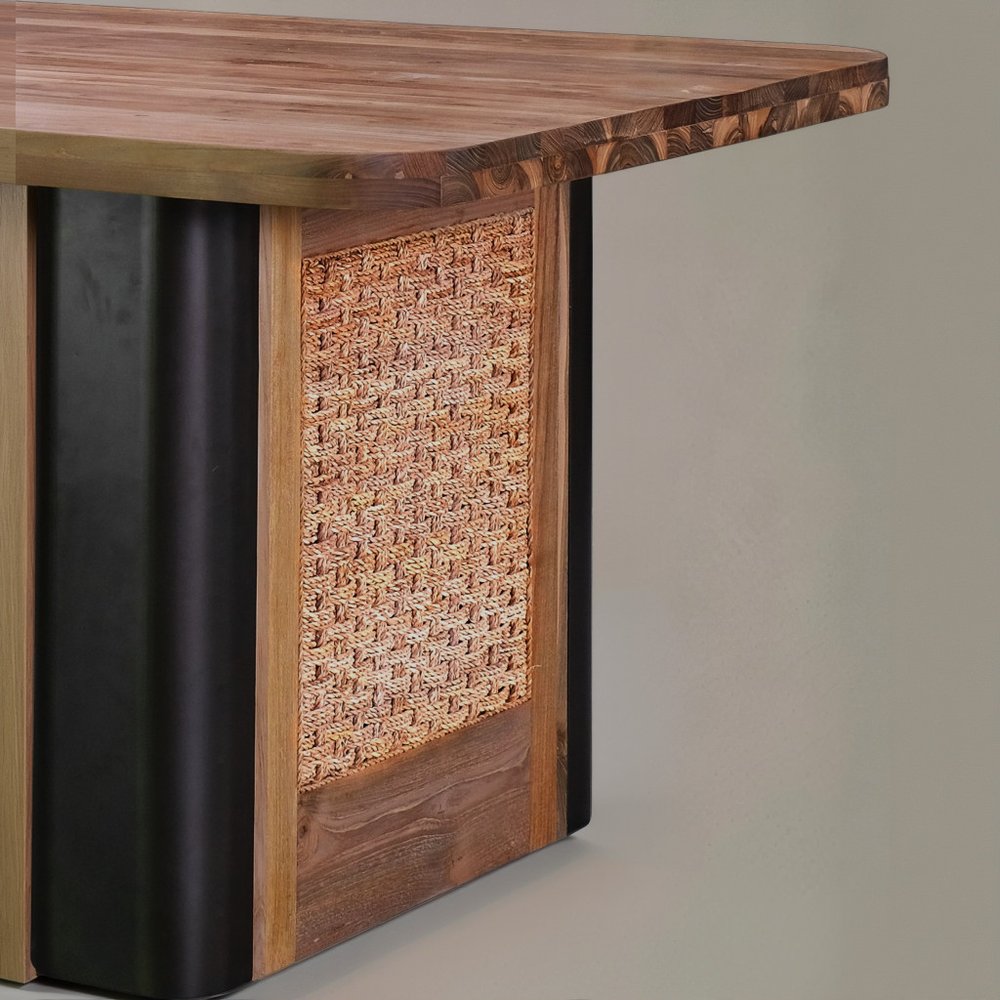 71" Brown and Black Natural Wood and Rattan Dining Table