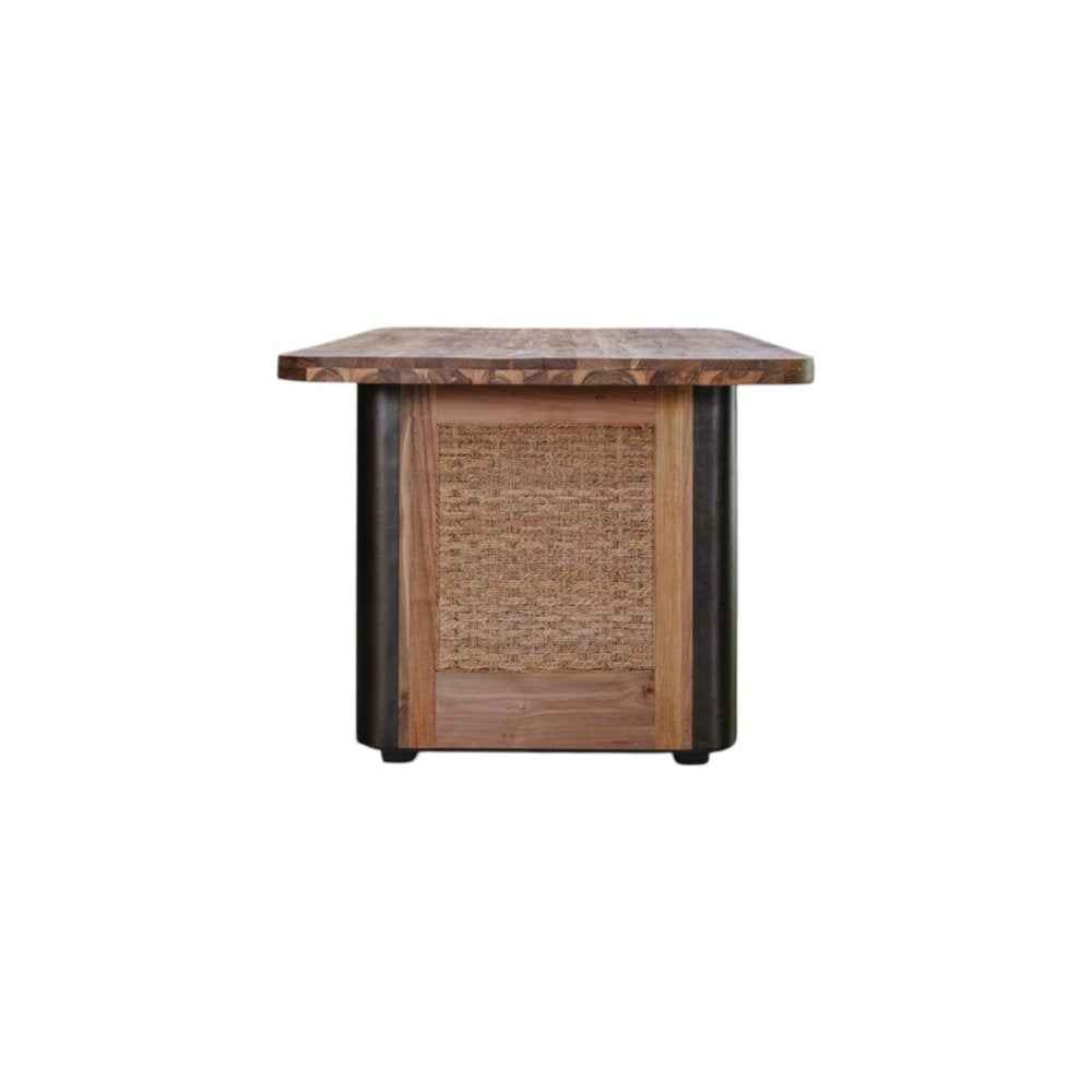 71" Brown and Black Natural Wood and Rattan Dining Table
