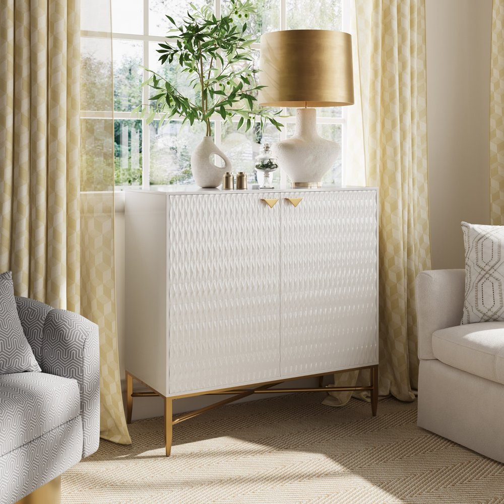 32" White and Gold Grated Accent Cabinet