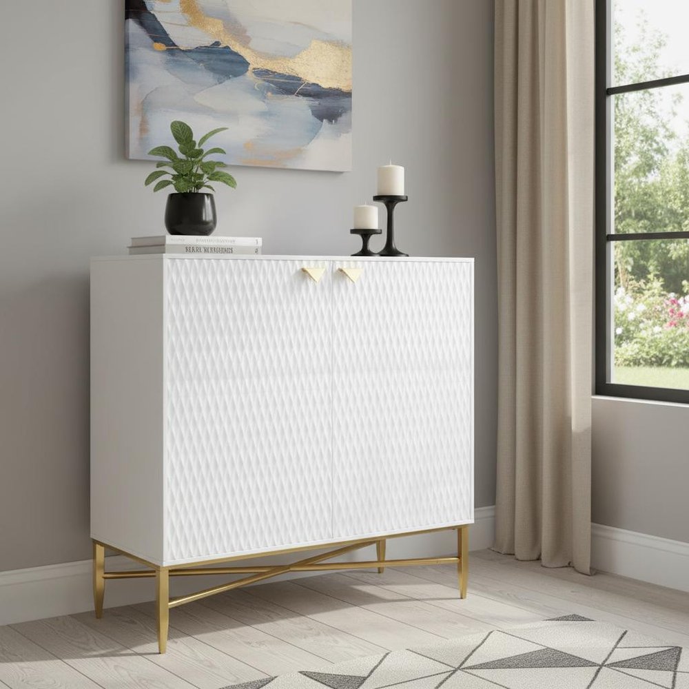 32" White and Gold Grated Accent Cabinet