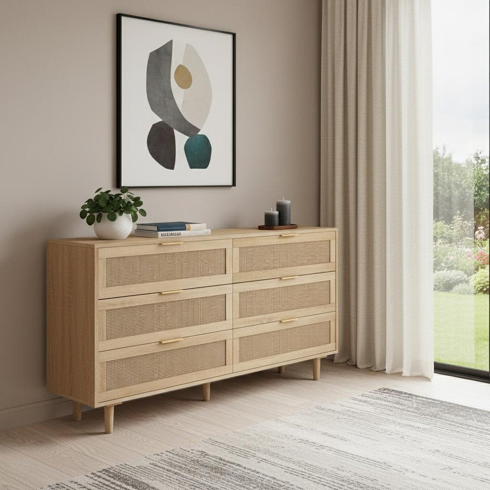 59" Brown Wood Coastal Sideboard with Six Drawers