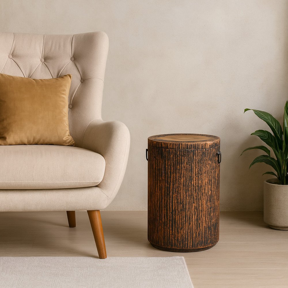 24" Teak Wood Round Drum End Table