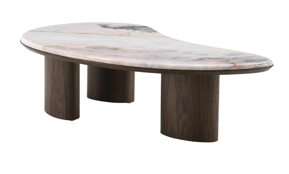 43" Brown and White Marble and Wood Free Form Coffee Table