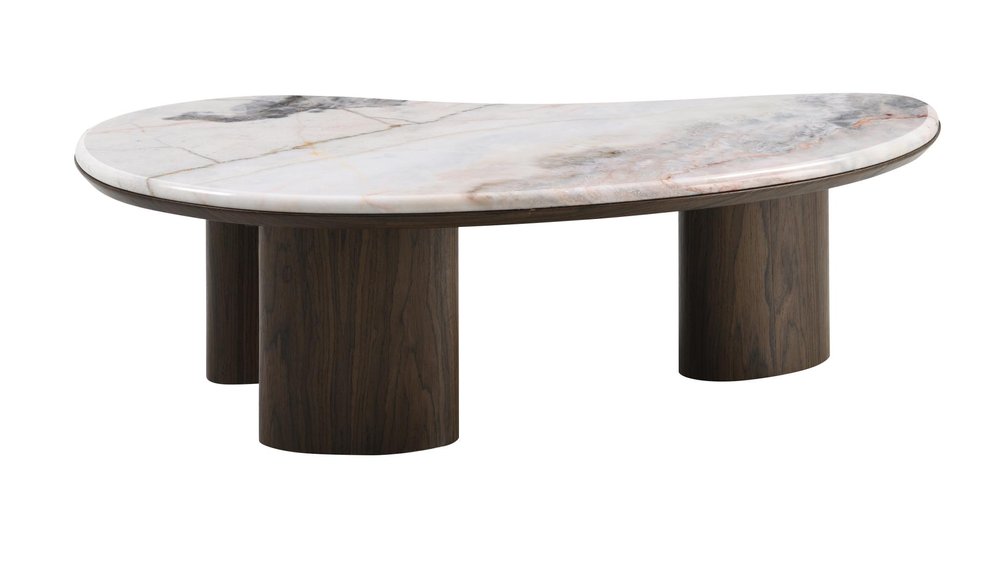 43" Brown and White Marble and Wood Free Form Coffee Table