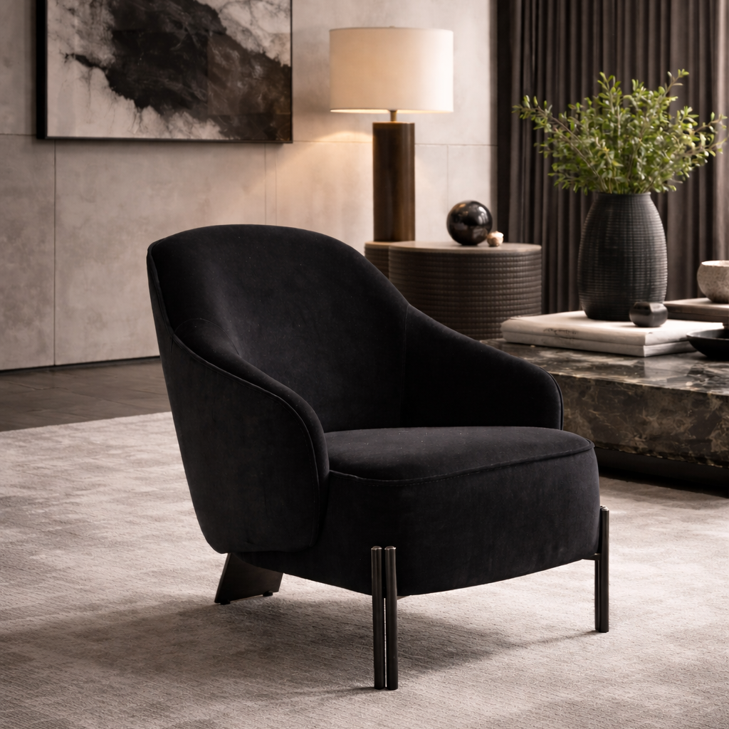 33" Black Velvet Tri-Pod Barrel Chair