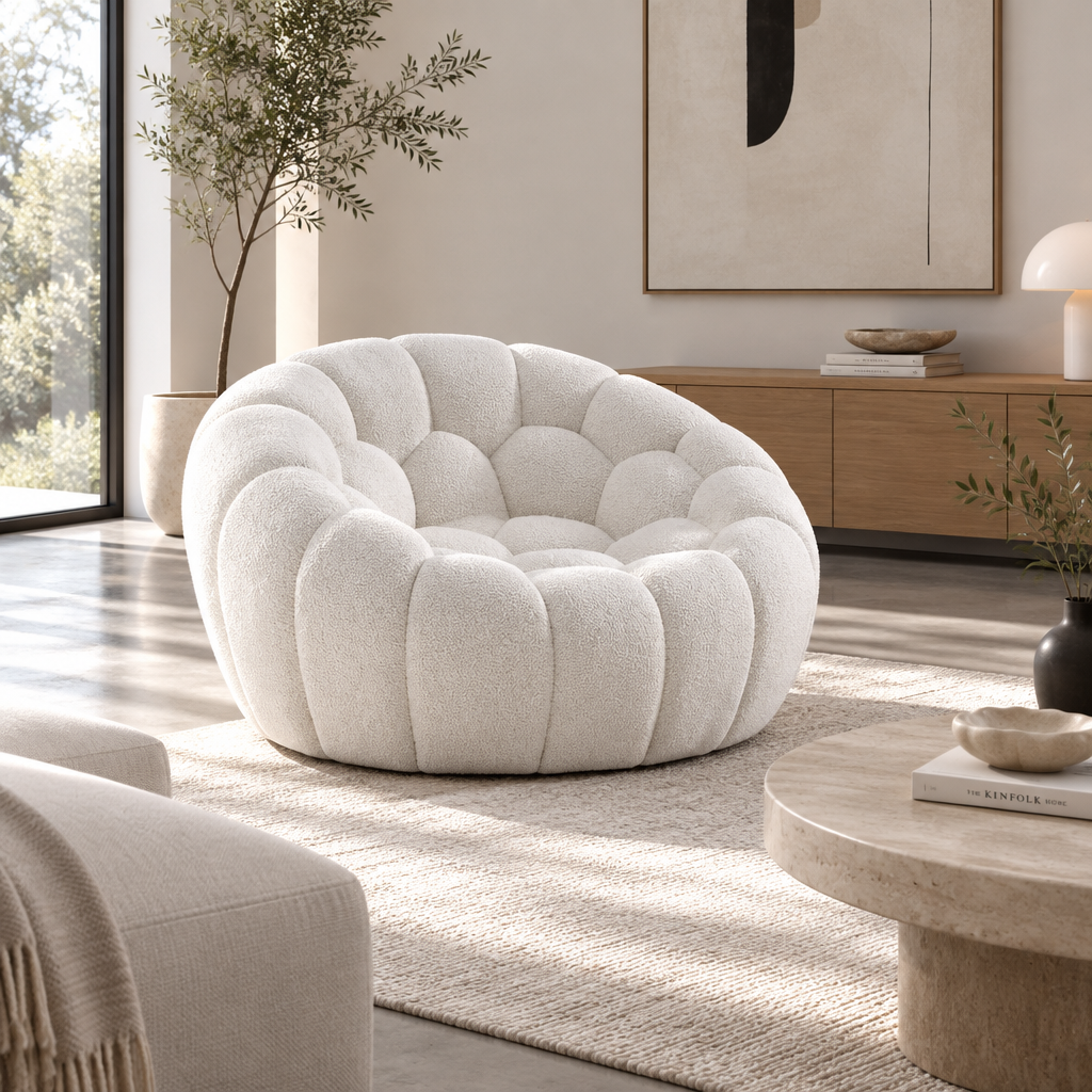 49" White Tufted Bouclé Curved Bubble Chair