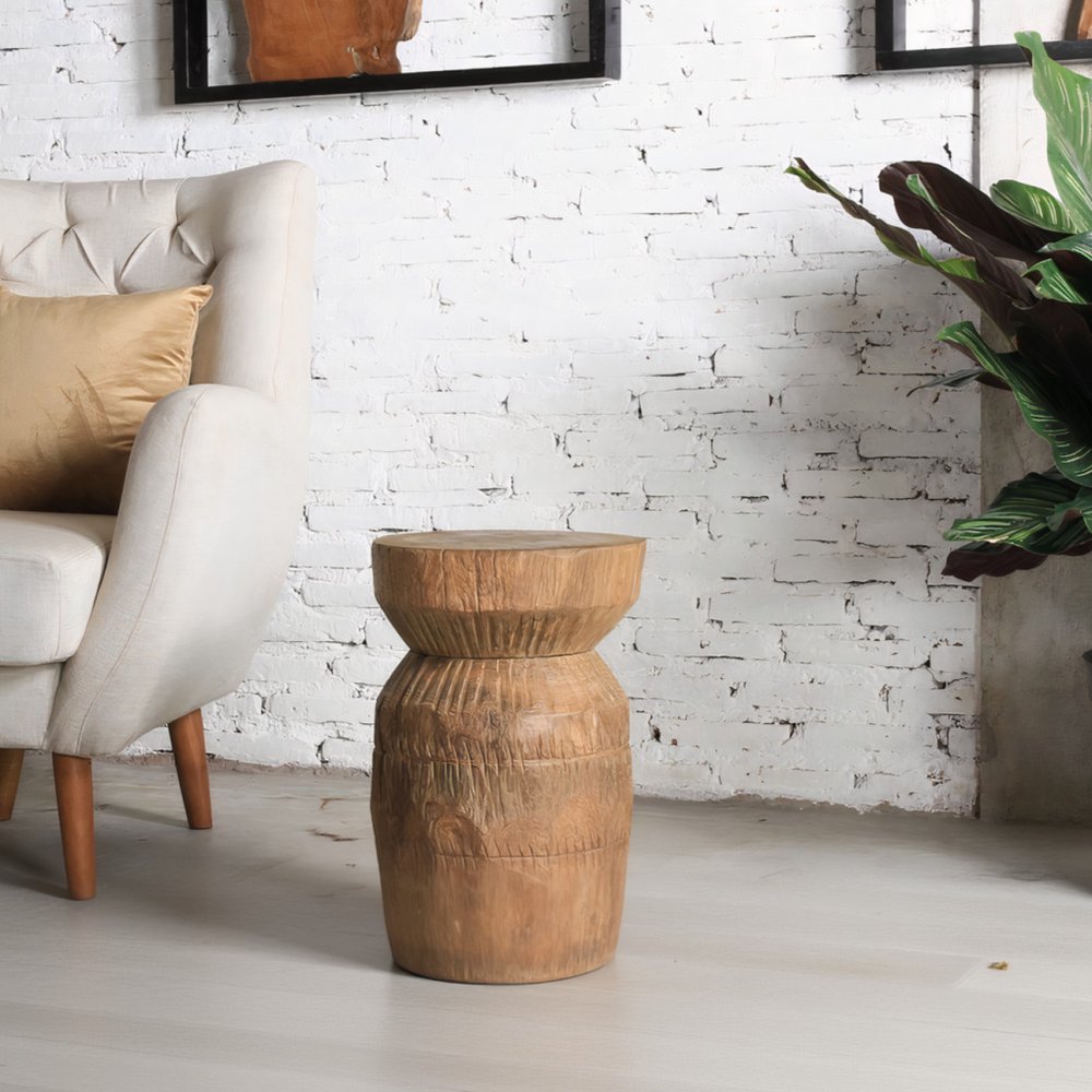 19" Natural Distressed Wood  Drum Pedestal End Table