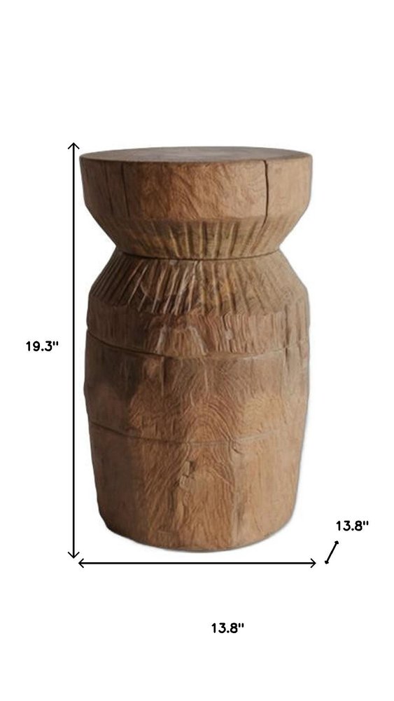 19" Natural Distressed Wood  Drum Pedestal End Table