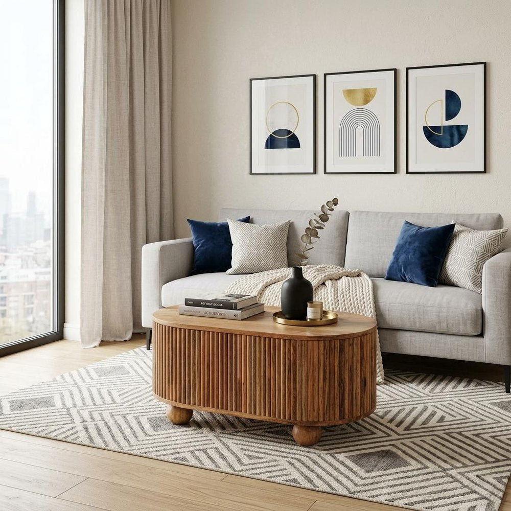 33" Fluted Wood Oval Coffee Table with Storage