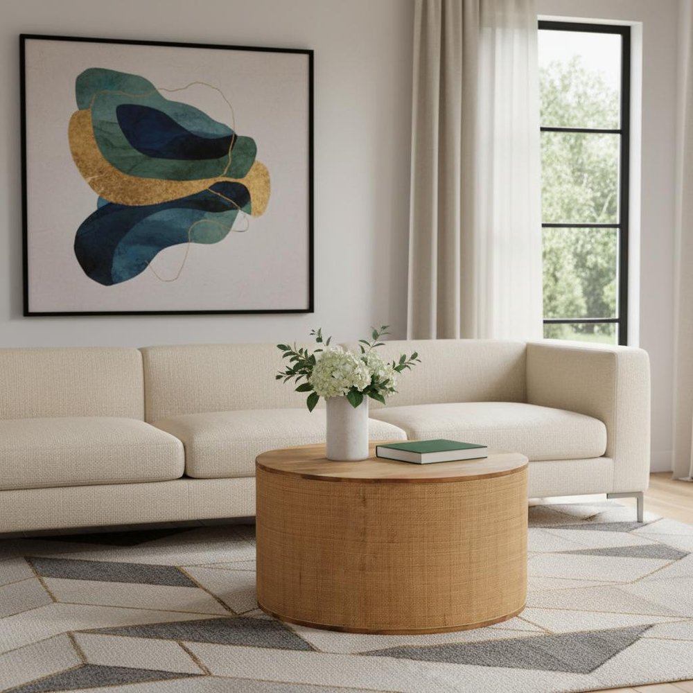 30" Brown Wood and Rattan Drum Coffee Table