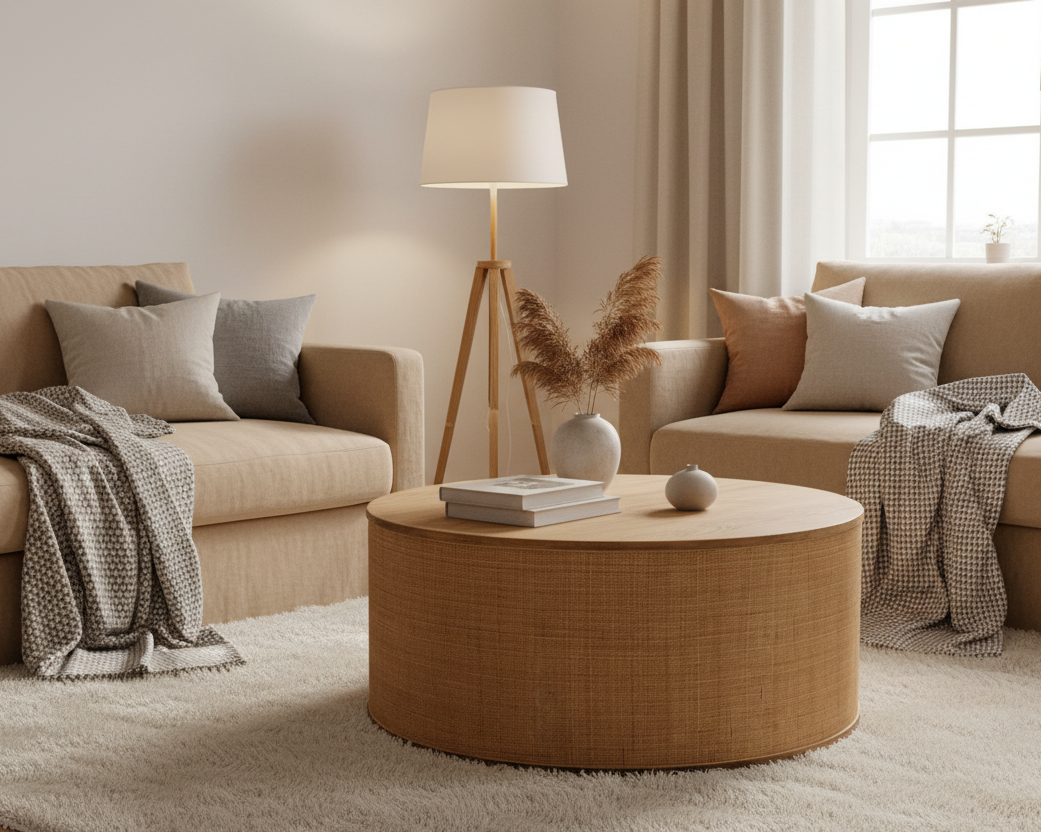 30" Brown Wood and Rattan Drum Coffee Table
