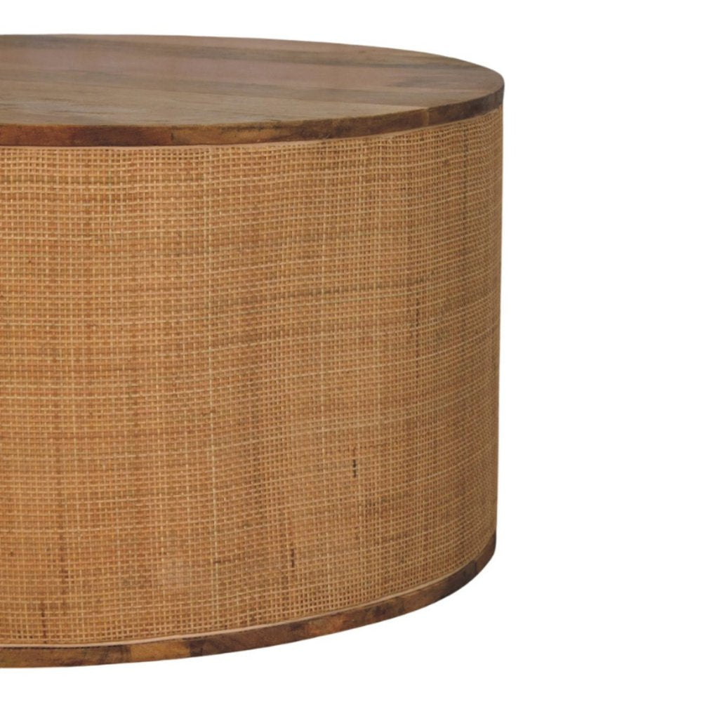 30" Brown Wood and Rattan Drum Coffee Table