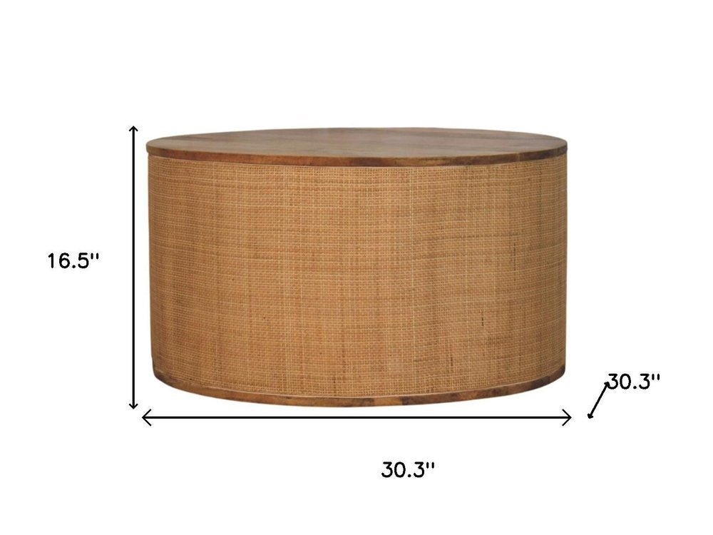 30" Brown Wood and Rattan Drum Coffee Table