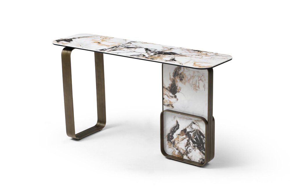 55" Black, White, and Bronze Ceramic Steel Console Table