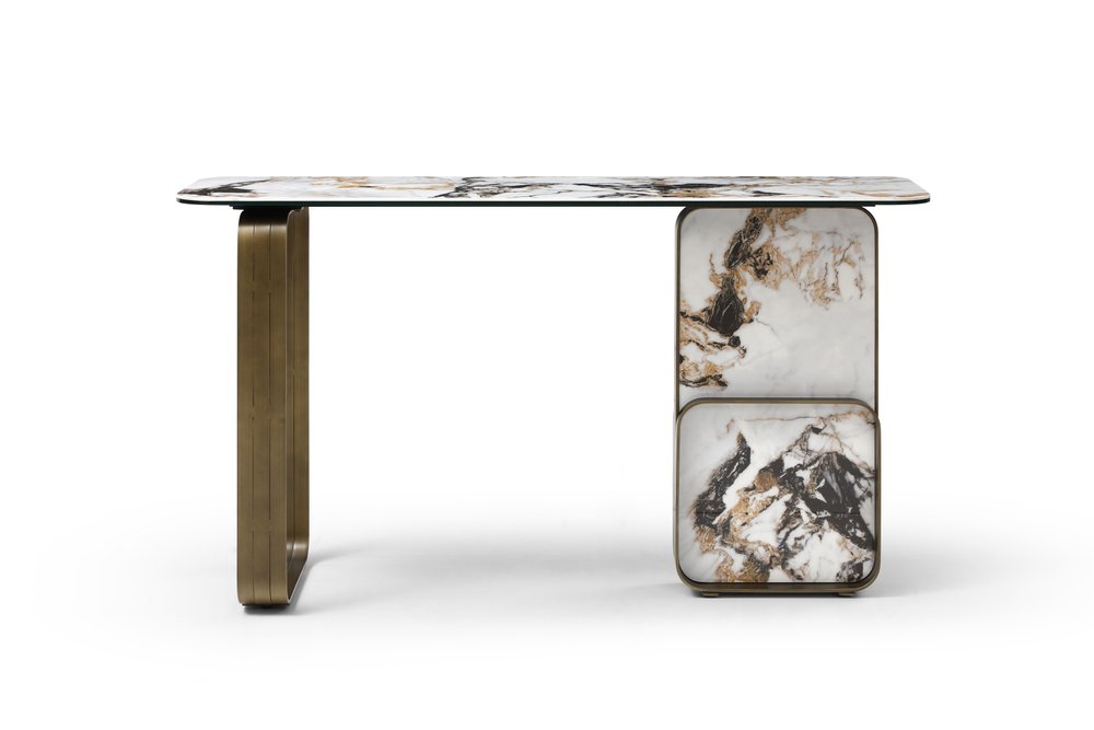 55" White and Bronze Ceramic and Metal Double Pedestal Console Table