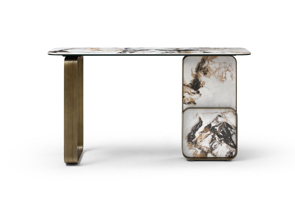 55" Black, White, and Bronze Ceramic Steel Console Table