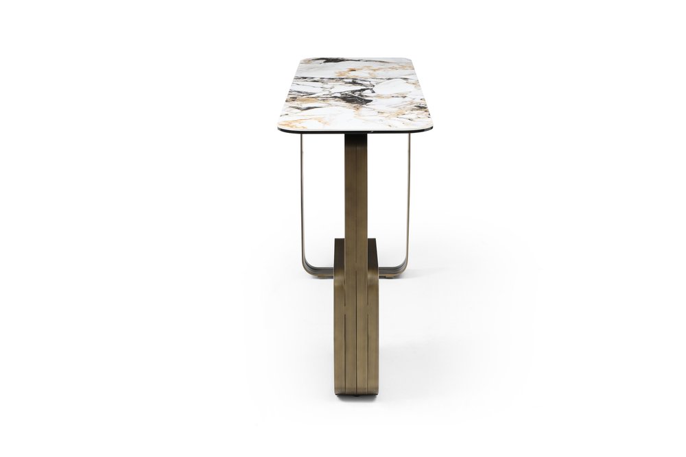 55" White and Bronze Ceramic and Metal Double Pedestal Console Table