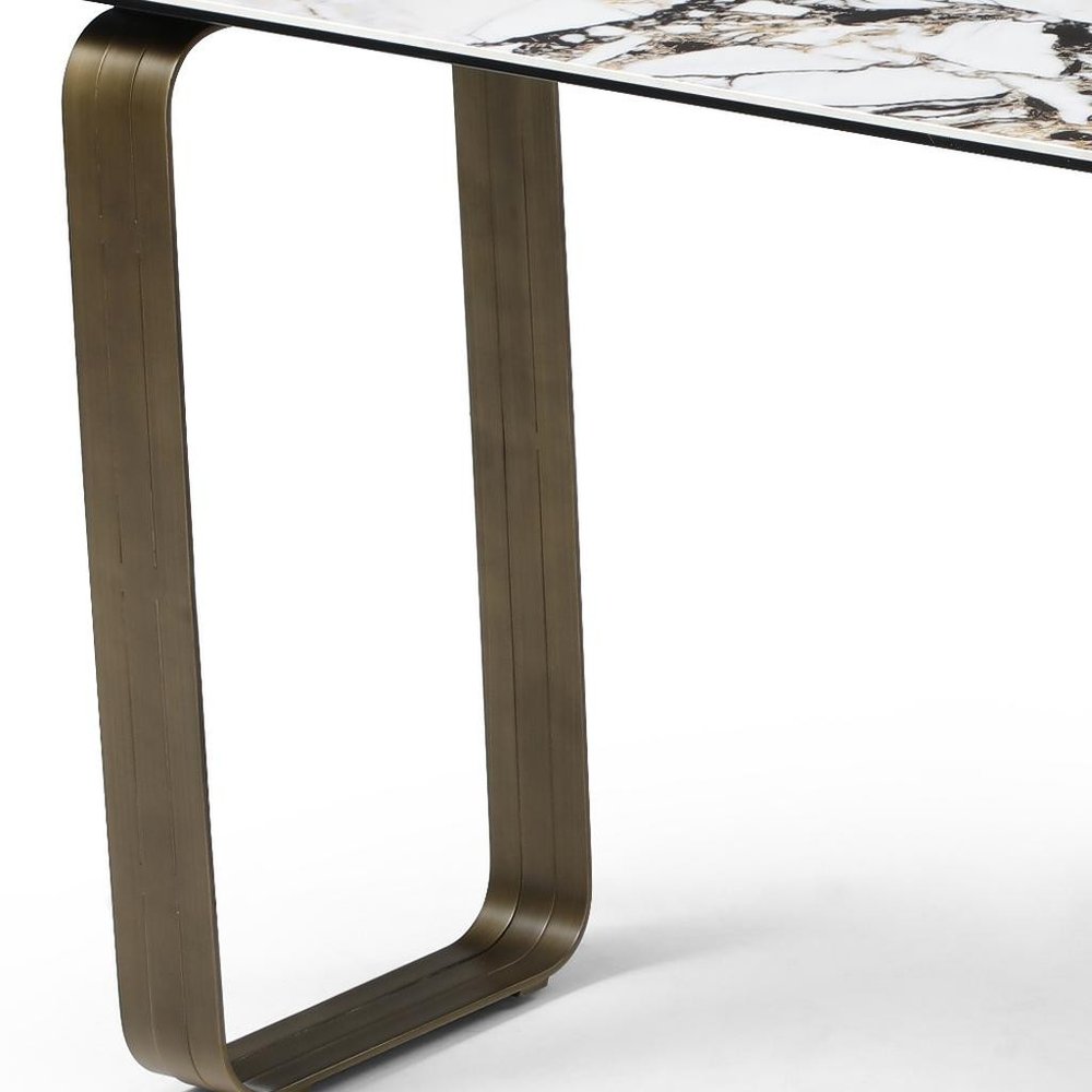 55" White and Bronze Ceramic and Metal Double Pedestal Console Table