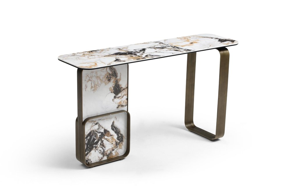 55" Black, White, and Bronze Ceramic Steel Console Table