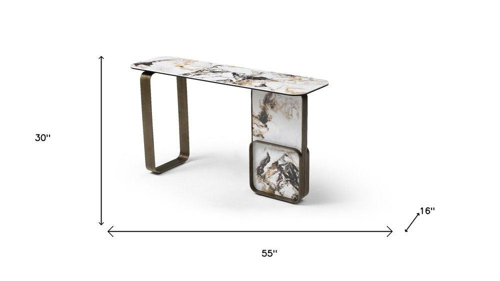 55" White and Bronze Ceramic and Metal Double Pedestal Console Table