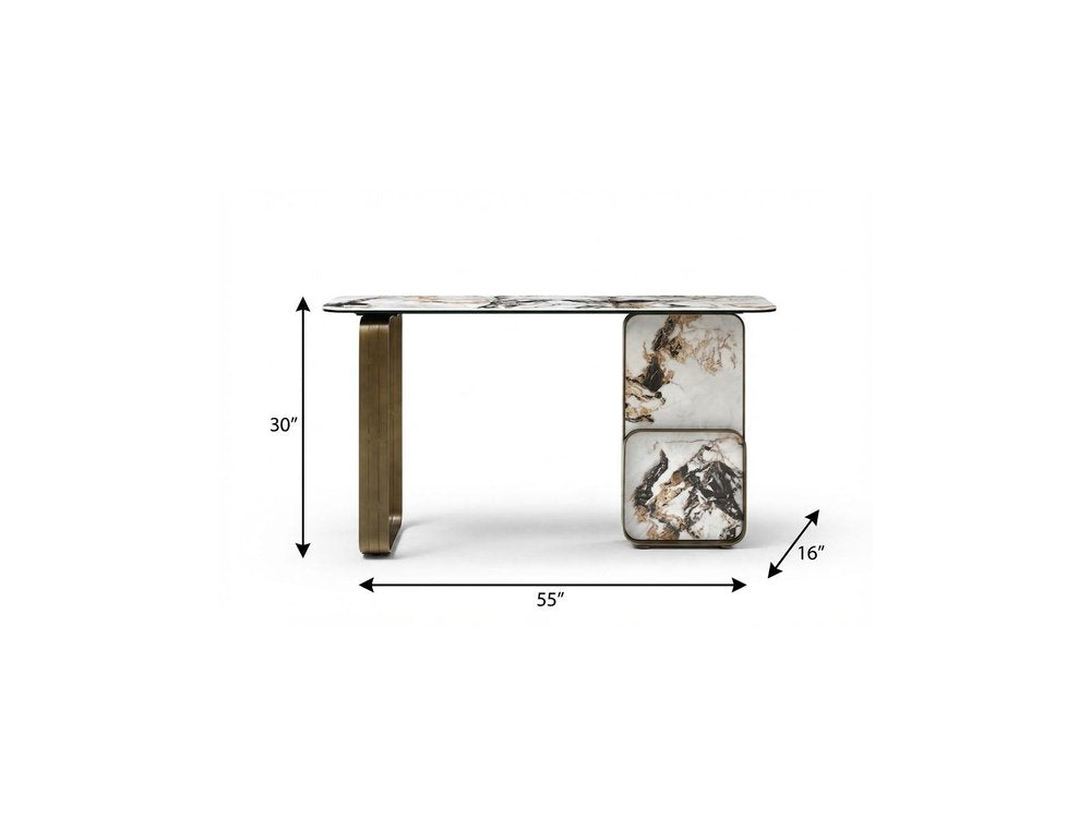 55" Black, White, and Bronze Ceramic Steel Console Table
