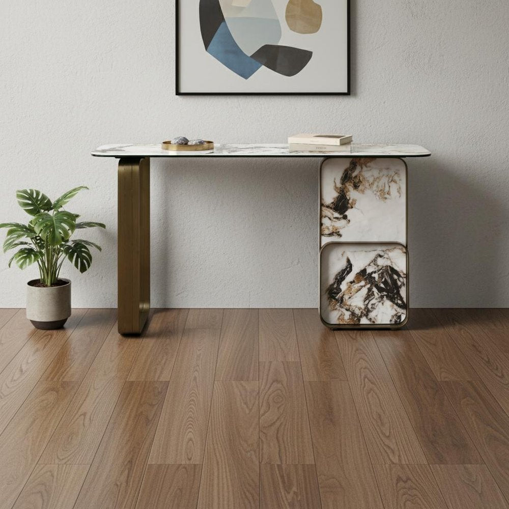 55" White and Bronze Ceramic and Metal Double Pedestal Console Table