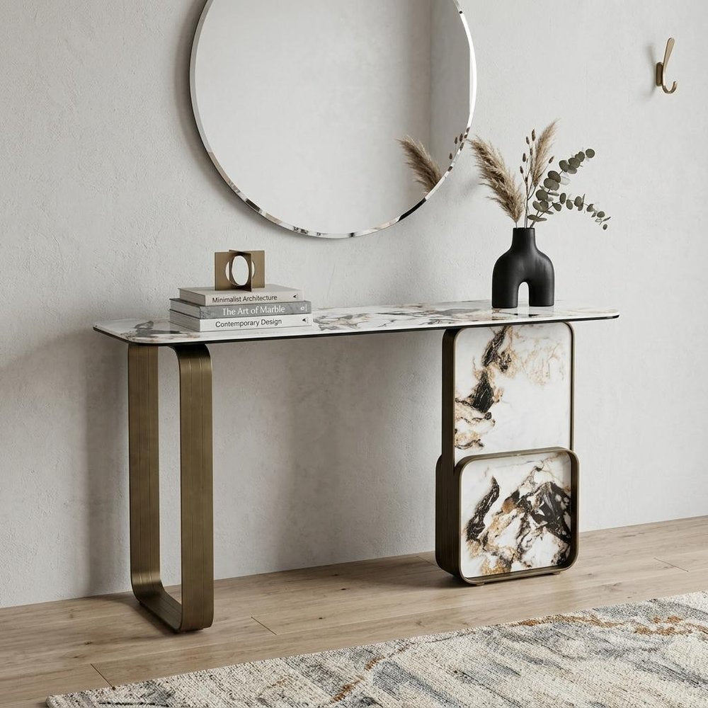55" Black, White, and Bronze Ceramic Steel Console Table
