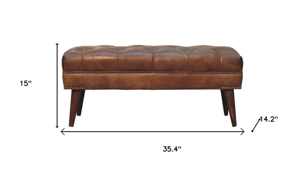 35" Brown Leather Studded Bench with Storage