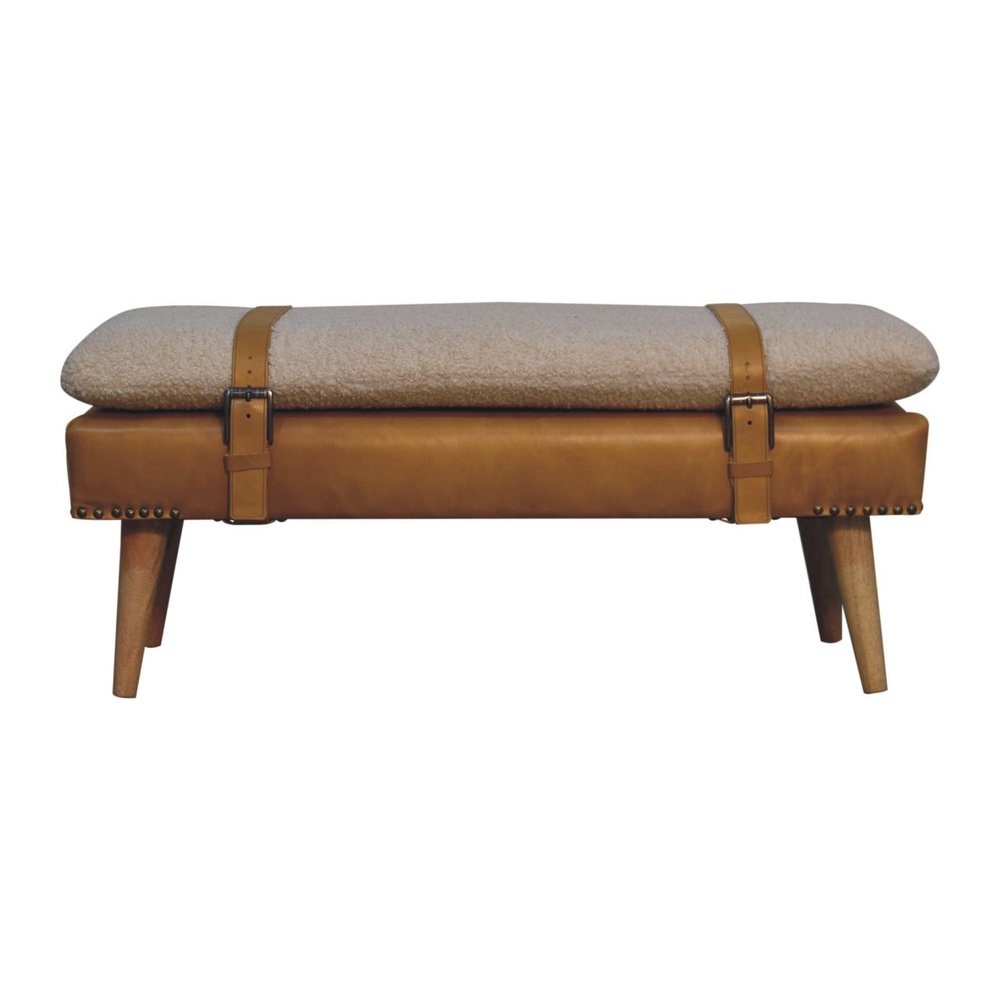 35" Bouclé and Leather Wood Upholstered Bench