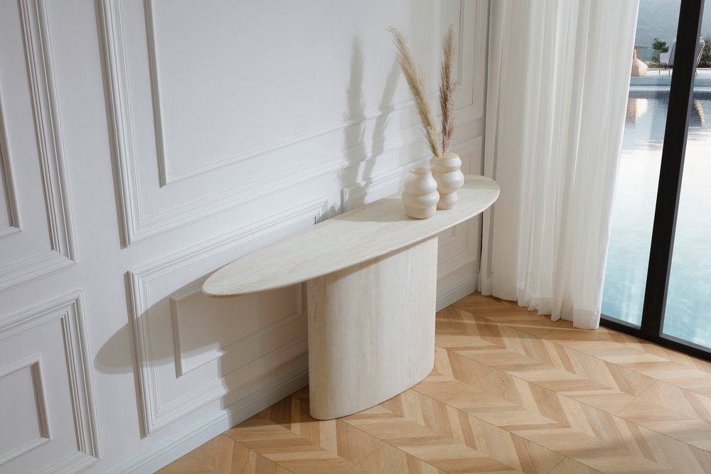 71" Beige Marble Pedestal Console Table