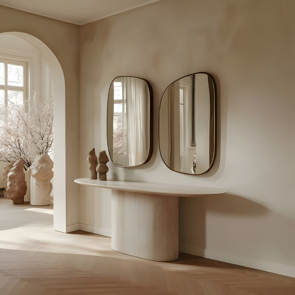 71" Beige Marble Pedestal Console Table