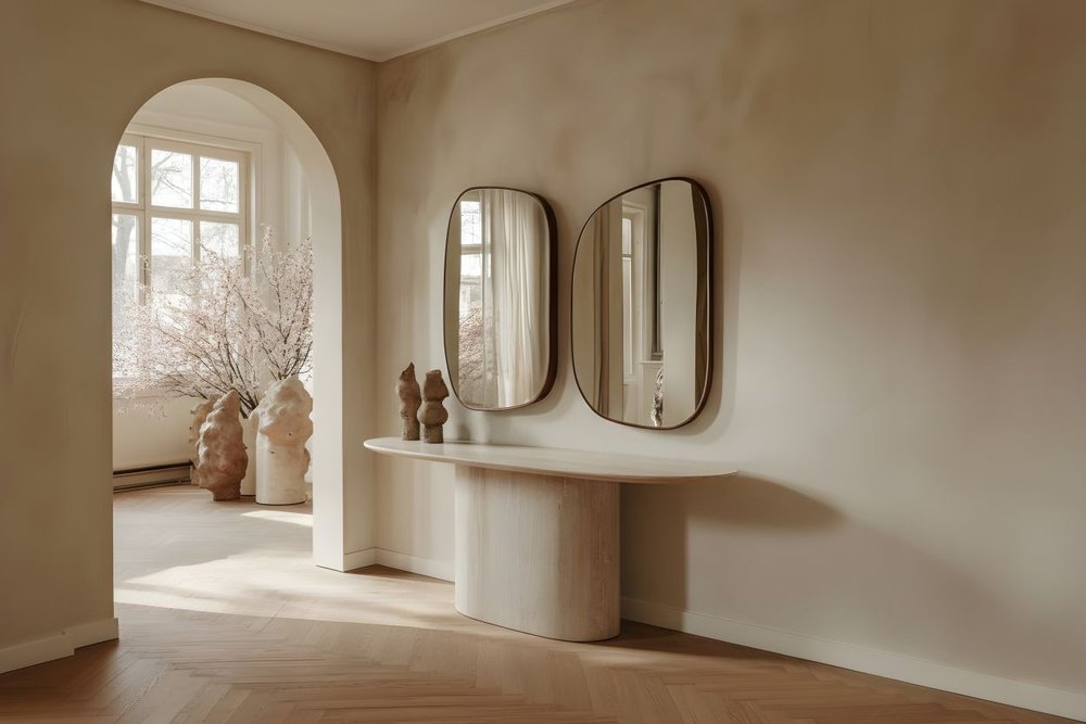 71" Beige Marble Pedestal Console Table