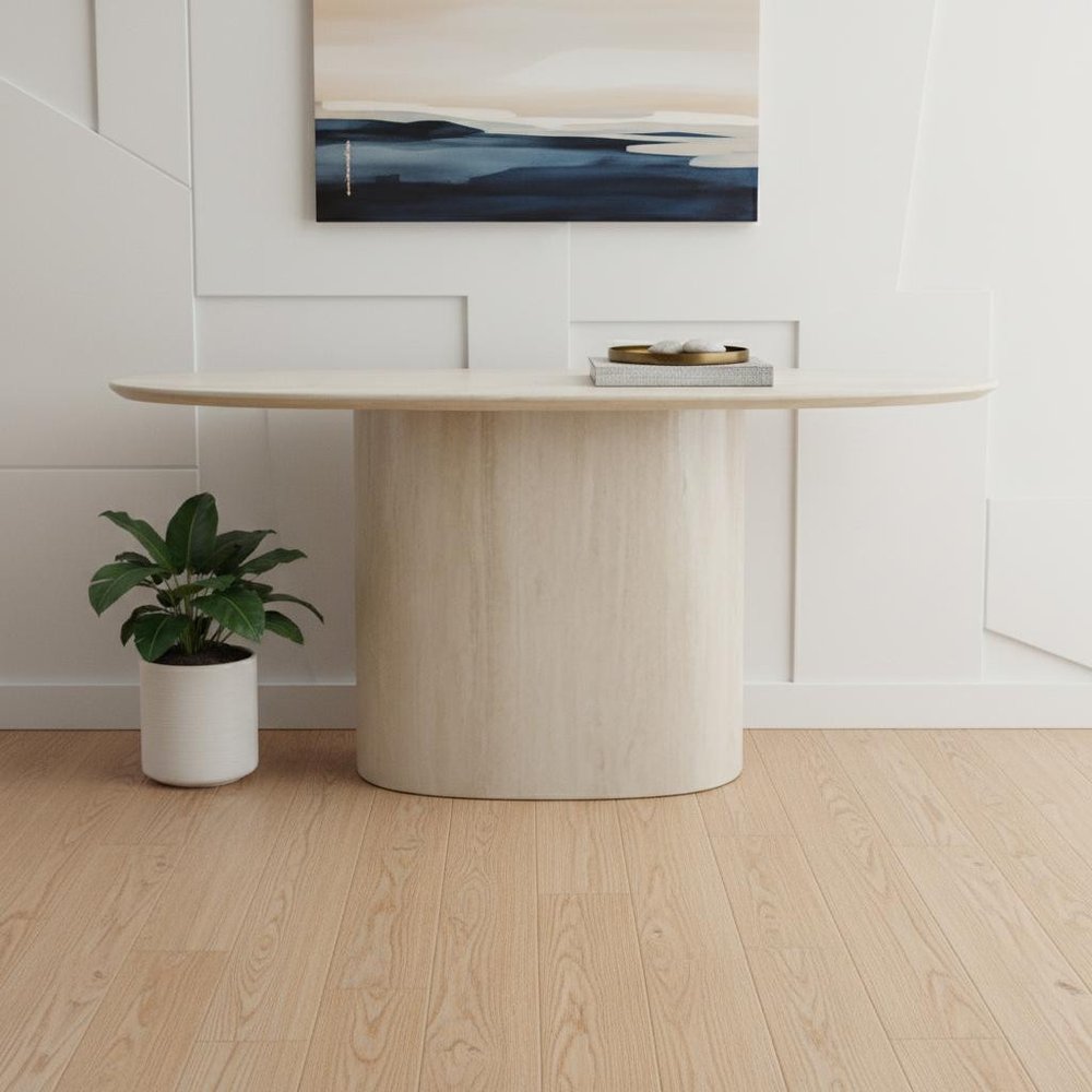 71" Beige Marble Pedestal Console Table