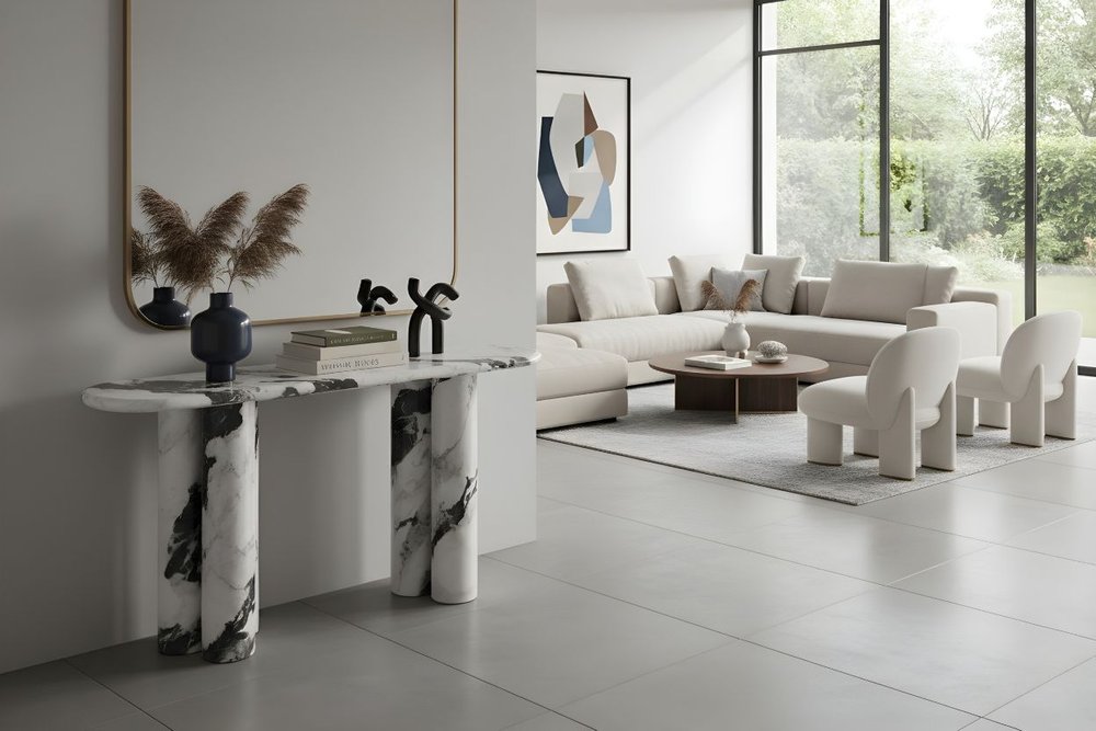 60" White Marble and Stone Double Pedestal Console Table