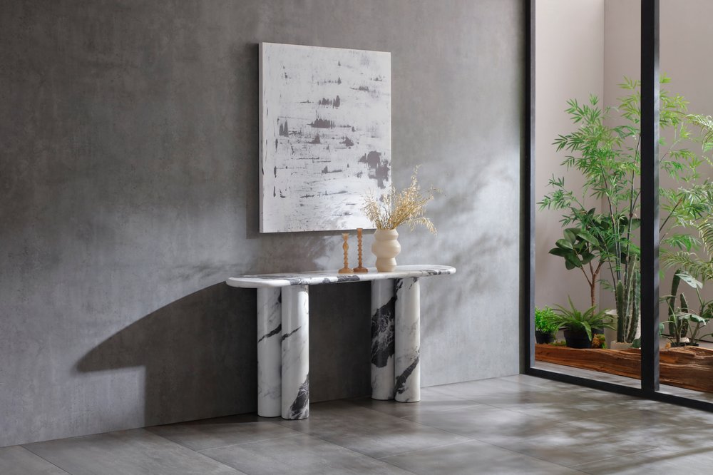 60" White Marble and Stone Double Pedestal Console Table